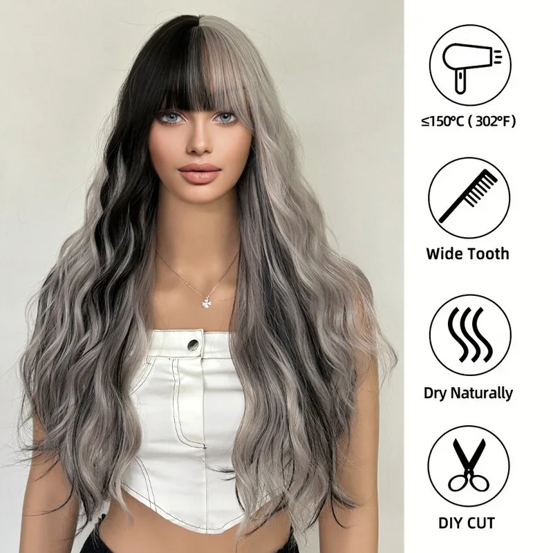لون متدرج مع الانفجارات شعر طويل مجعد شعر مستعار ألياف مقاومة للحرارة غطاء رأس شعر مستعار