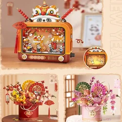 LOZ New Year Spring Festival toy Panda retro TV Fu Bucket flower bouquet pot art flower living room model building block toy
