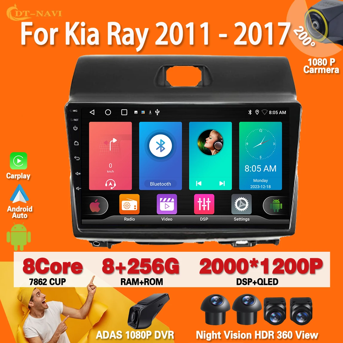 

Android 13 For Kia Ray 2011 - 2017 Car Radio Carplay Auto Multimedia Video Player stereo GPS No 2din DVD 4G WIFI BT QLED