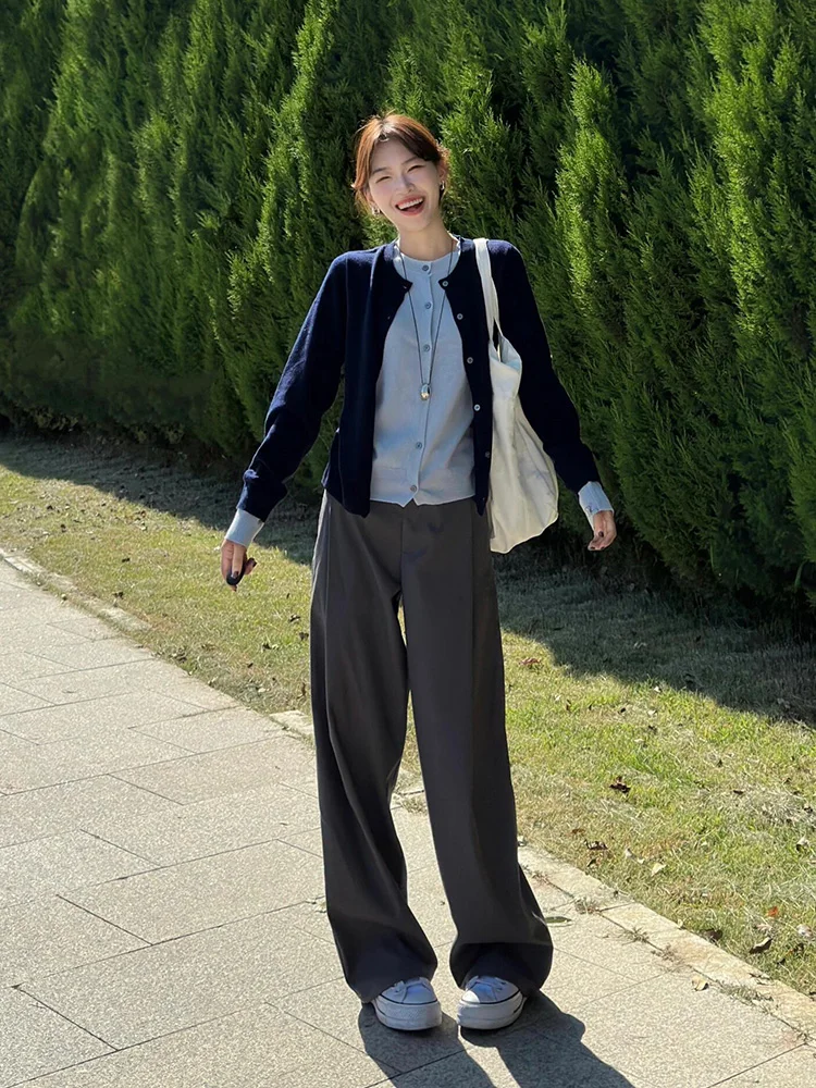 Deep Grey High Waist Loose Casual Suit Pants Women's 2026 Spring Autumn New Design Sensation Drape Slim Wide Leg Pants