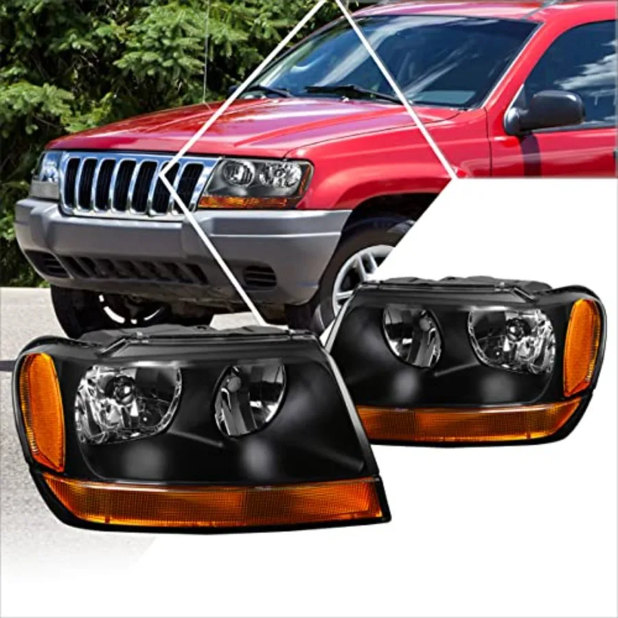 

Pair of Headlight Assembly Compatible with 99-04 Jeep Grand Cherokee WJBlack Housing Amber Corner