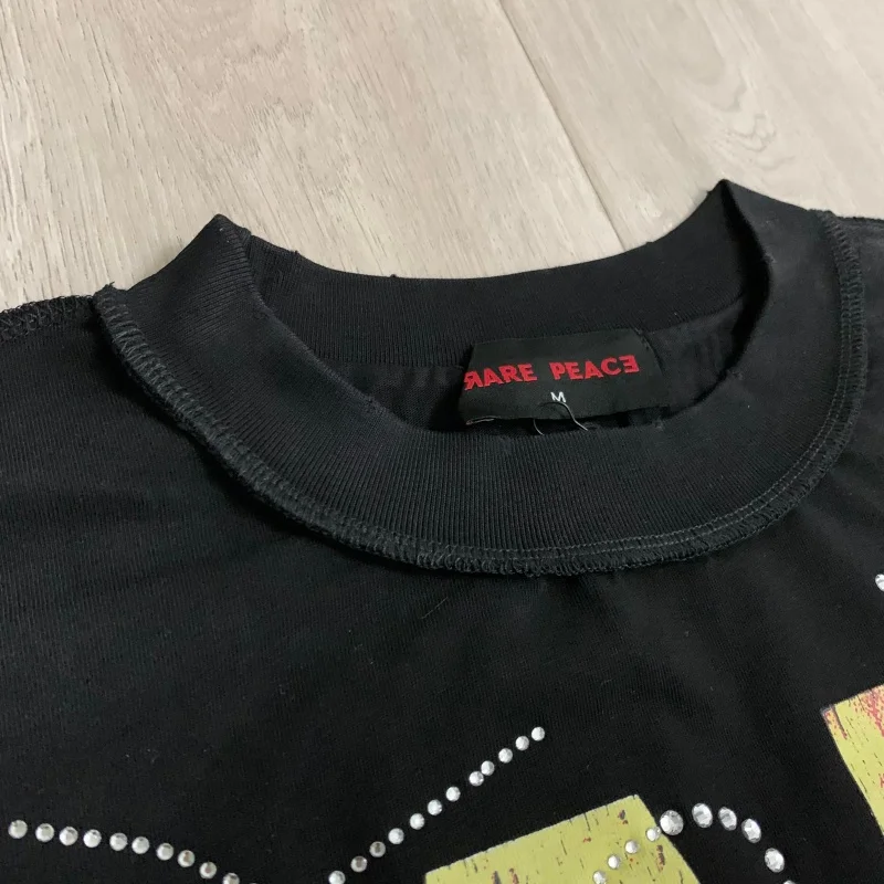 Summer Fashion RARE PEACE Save Our Souls Graphic Crop T-shirt Streetwear Oversized Fit Rhinestone Short-Sleeve T-shirt