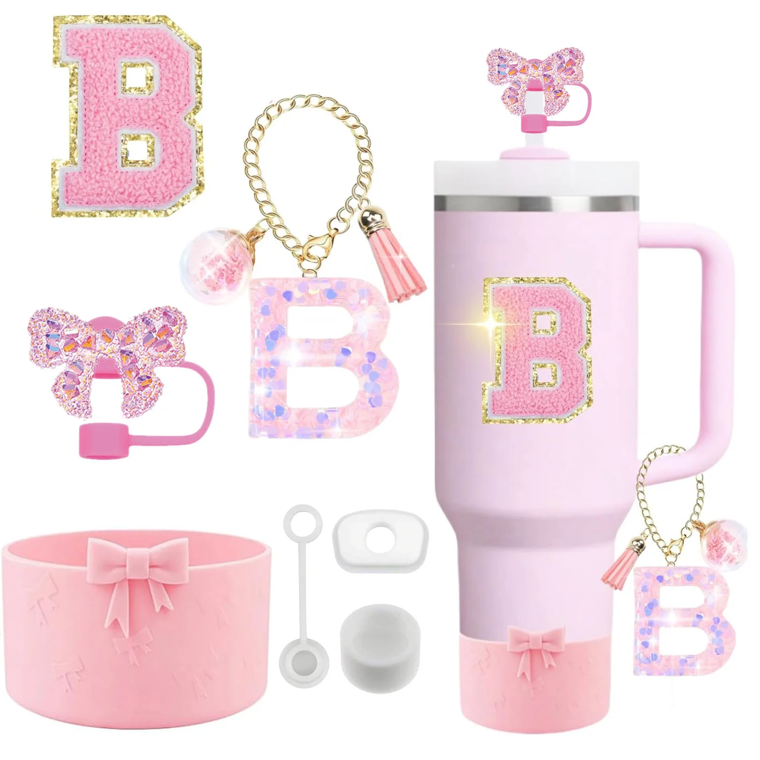7PCS Pink Accessories for Stanley Cup 30/40 oz Tumbler with Handle Bow Straw Topper Cover Cap Boot Initials Charm Letter Sticker