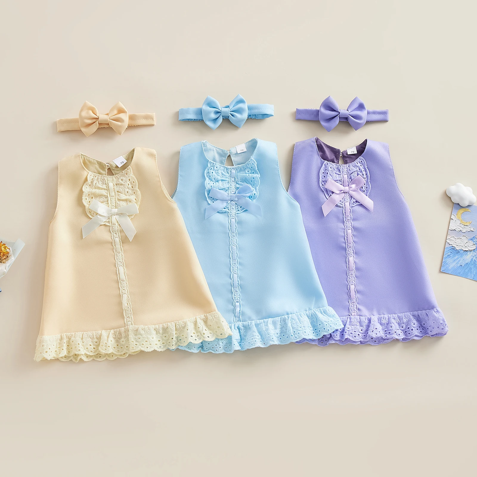 Lovelys Baby Girls Summer A-line Dresses Sleeveless O Neck Lace Trim Bow Dress Headband Baby Sundress Clothes