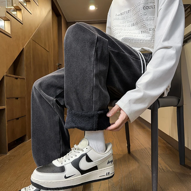 겨울 두꺼운 남성용 스트레이트 진 단색 패션 플리스 따뜻한 바지 클래식 벨벳 루즈 데님 팬츠 남성용 S-5XL