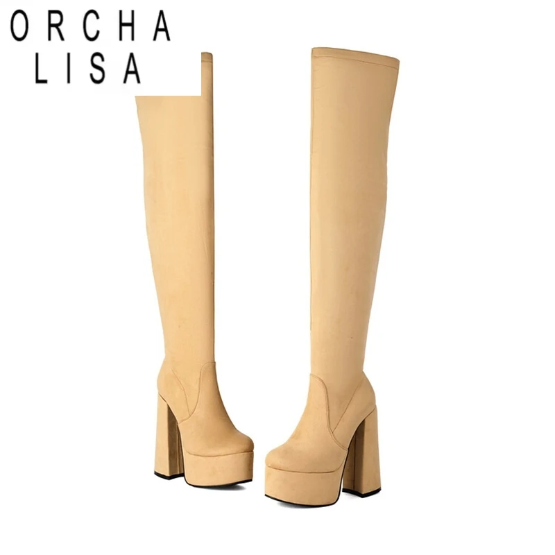 

ORCHA LISA Flock 56cm Thigh Boots Round Toe Extra High 14.5cm Block Heels 5cm Platform Big Size 46 US15 Party Long Booties