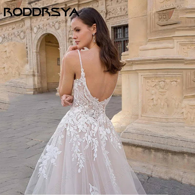 Roddrsya spaghetti bretelles appliques robe de mariée a - word dentelle balayage robe de mariéeRODDRSYA-Robe de Mariée Trapèze en Dentelle avec Bretelles Spaghetti et Dos aux, Vêtement Éducatif sur Mesure pour Patients