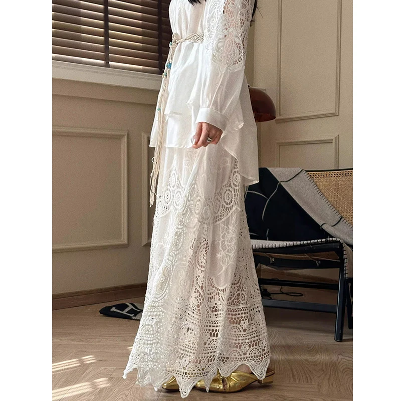 Nowa Kolekcja Lato 2025 Damskie Spódnice Luźne Codzienne Z Wysokim Stanem Kwiatowe Wycięcia Trapezowe Dobra Jakość Koronkowa Spódnica Do Kostek T151