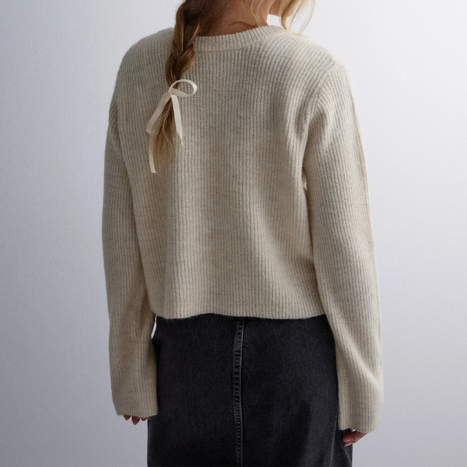 Women's Knit Sweater Long Sleeve Crew Neck Bow Tie Front Solid Color Cardigan Hollow Out Sweater Winter Fall Streetwear