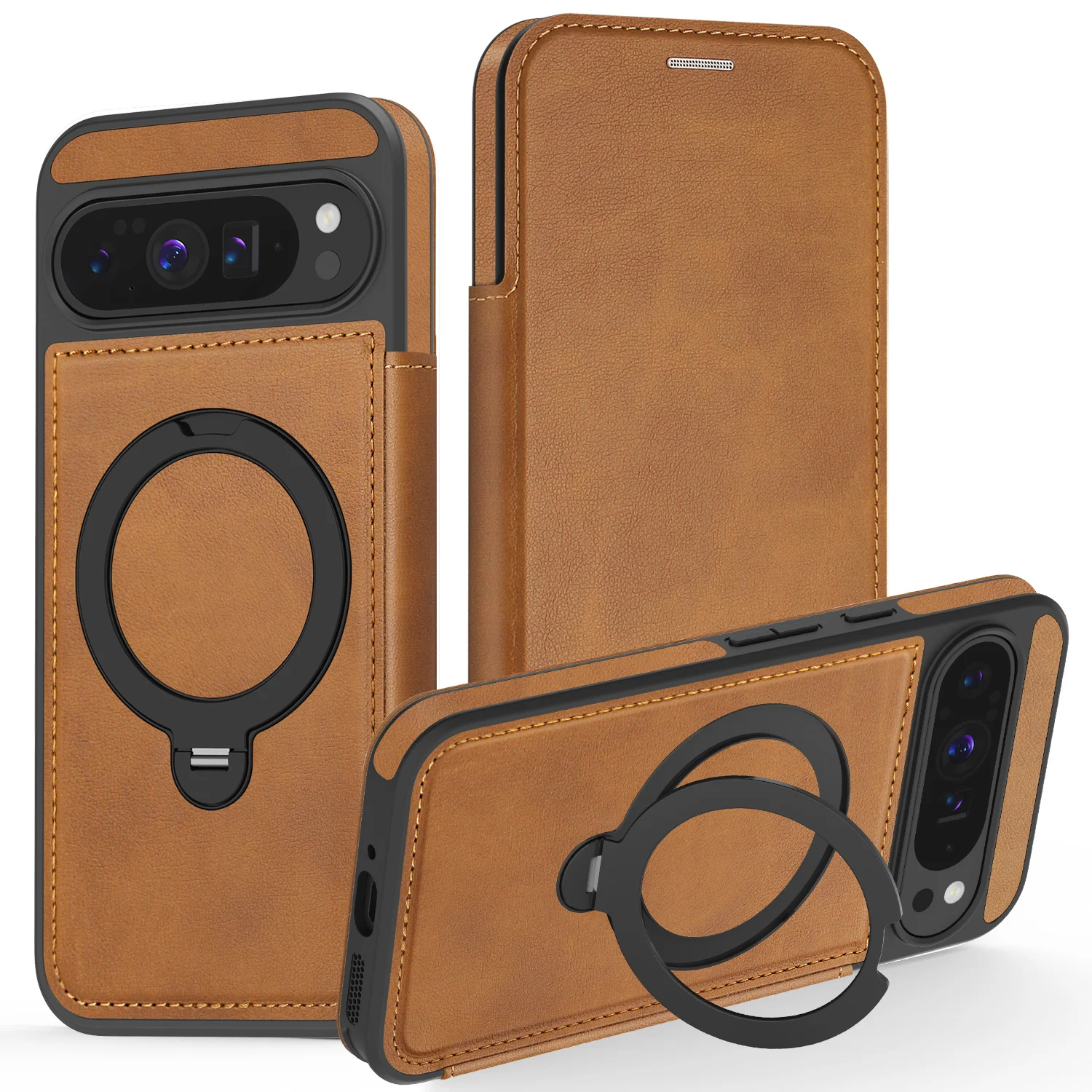 Funda de teléfono tipo billetera de cuero magnética con soporte de anillo giratorio 360 para Google Pixel 10 Pro XL 9A 9 8 8A a prueba de golpes para Magsafe