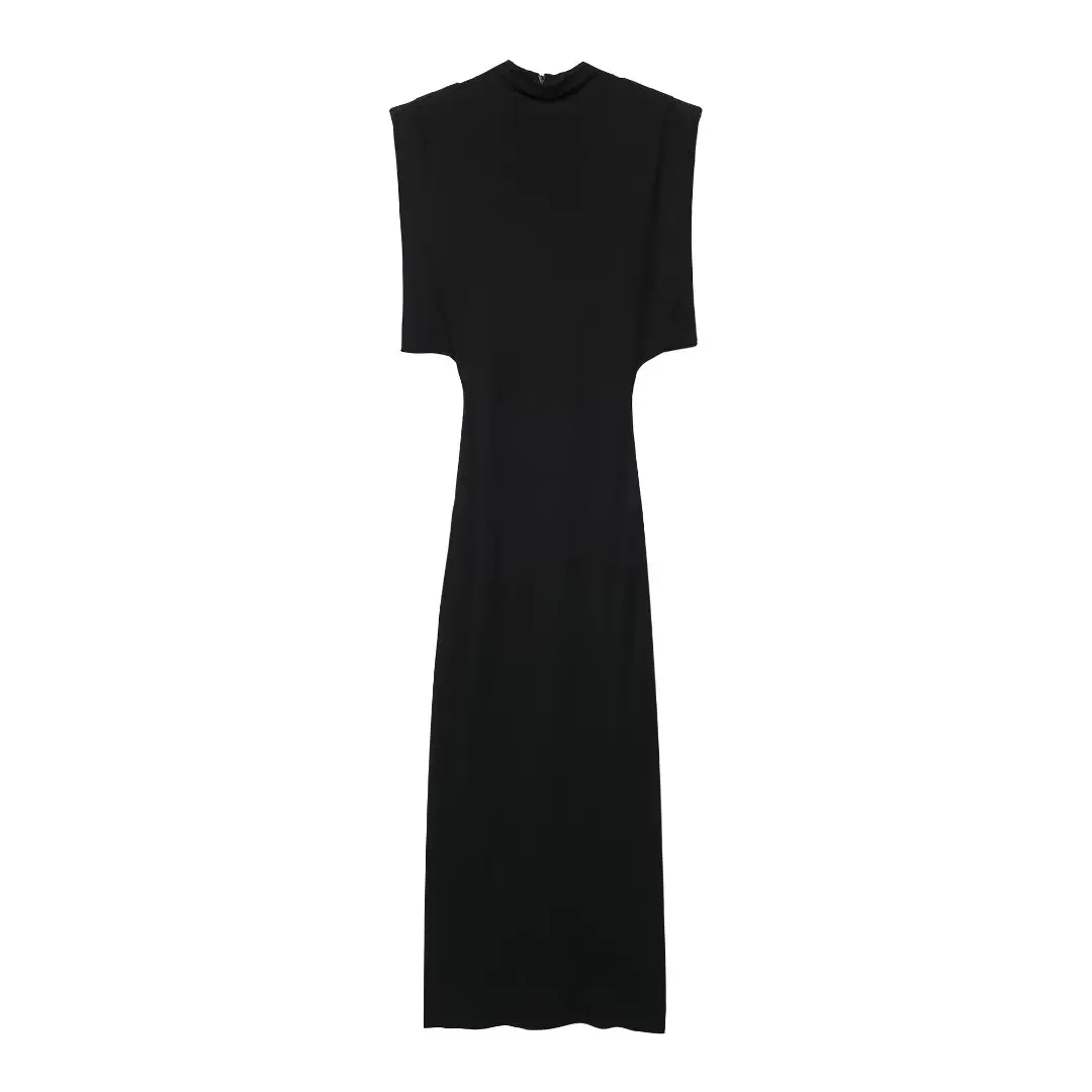 

TRAFZA Summer Women's Elegant Knitted Dress O-Neck Sleeveless With Shoulder Pads Zipper Female Hem Split Solid Long Dress Mujer