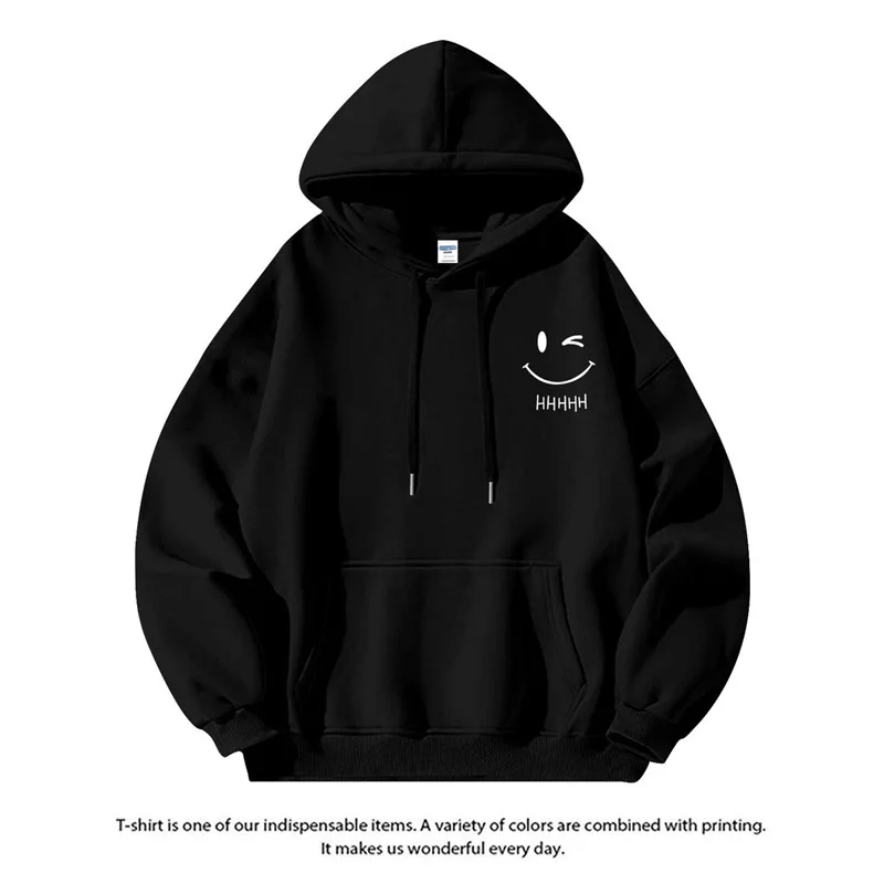 سويت شيرت بغطاء للرأس مطبوع عليه وجه مبتسم بسيط للأزواج، سترة كاجوال عصرية للخريف والشتاء للنساء