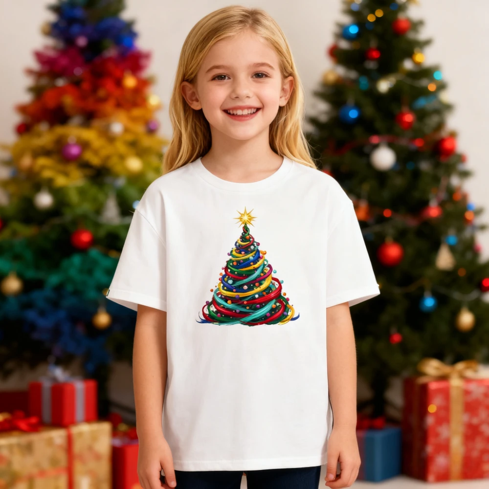 

Colorful Christmas Tree Children Tshirt Creative Design Printed Xmas Holiday Girls Shirt Casual Christmas Kids Cotton Tee Tops