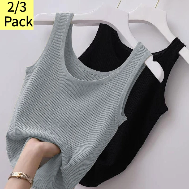 2/3 Pack Ribbed Ice Silk Tank Tops, U Neck Sleeveless Soft Breathable Layering Tops for Daily Casual