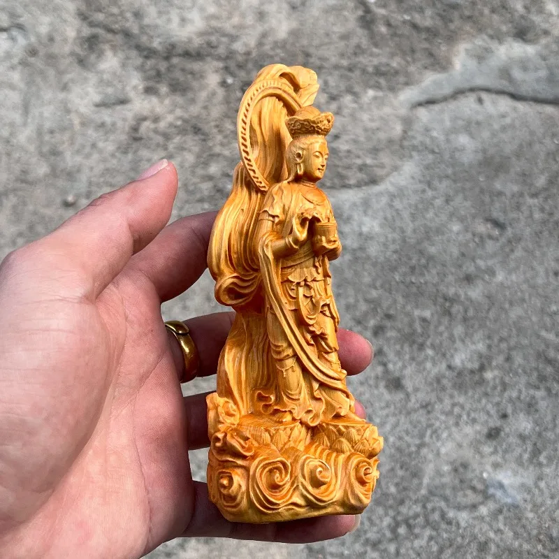 Hand-Carved Cypress Wood Guanyin Statue - 6.3