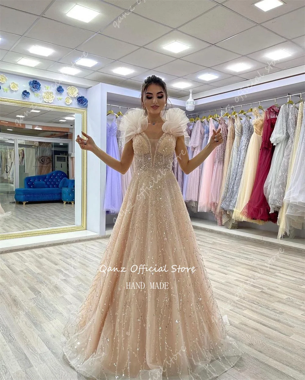 Qanz Champagne Elegant Evening Dresses Sweetheart Shiny Tulle Party Dress Women Elegant Luxury Prom Dresses 2024 Customized