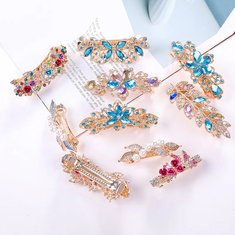 Crystal Floral Hairpin Girl Ladies Hairwear Jewelry For Women Rhinestone Alloy Hair Clip Party Barrettes Leaf AE024