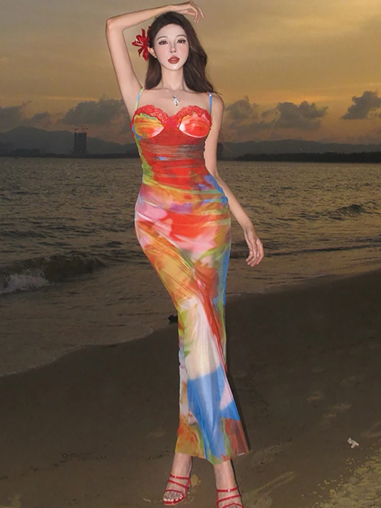 

Женское шикарное кружевное платье на бретельках с принтом, сексуальное длинное платье, летнее элегантное повседневное пляжное платье для выпускного вечера, новинка 2025 года, корейское облегающее праздничное платье