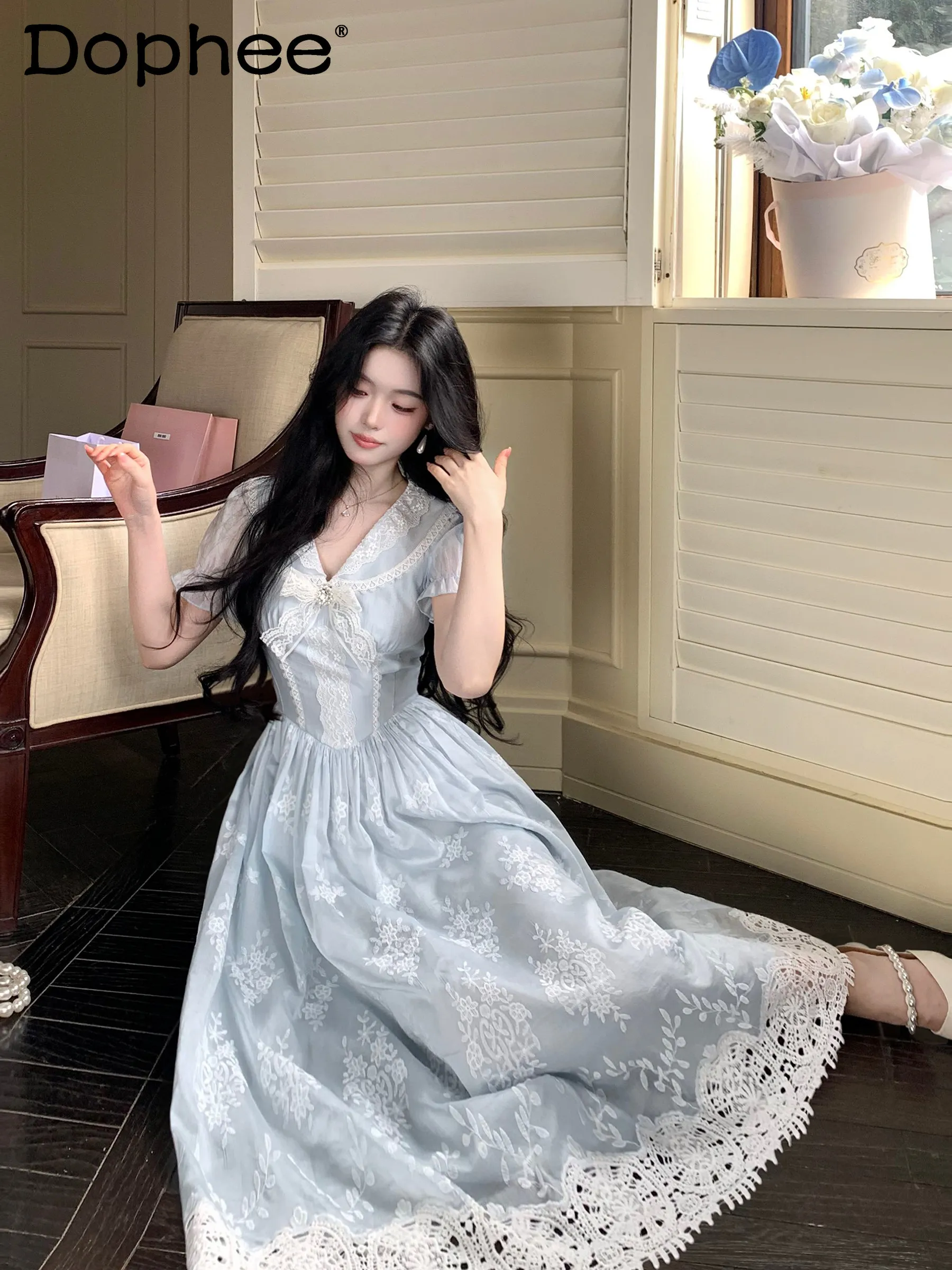 

Sweet Elegant Heavy Industry Embroidery Gentle Wind V-neck Lace Long Dress High Waist Thin Versatile Short-sleeved Women's Dress