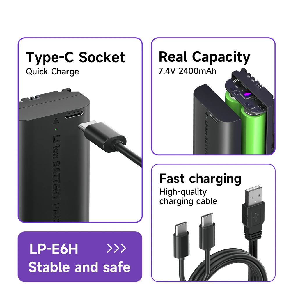 2850mAh LP-E6 USB-C LPE6 LP-E6N بطارية + 3 في 1 شاحن متعدد الوظائف لكانون EOS R R5 R6 5D Mark IV III 5DS R 6D Mark 70D 7D