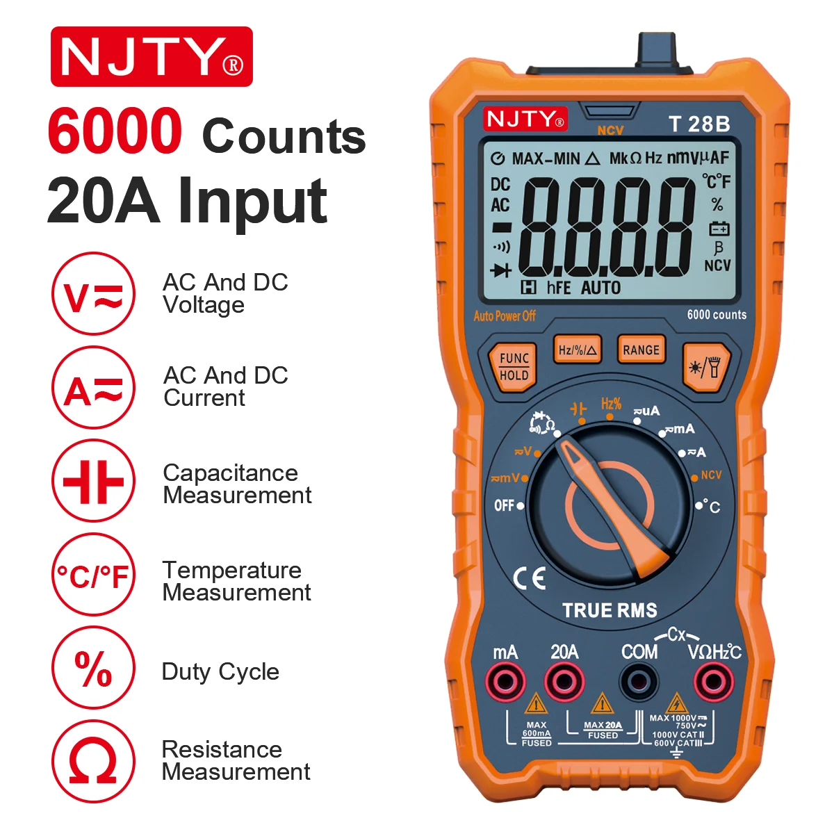 NJTY T28B multimetr cyfrowy 20A TRMS 6000 zliczeń napięcie wzmacniacz diody rezystancji ciągłość cykl pracy pojemność temperatura