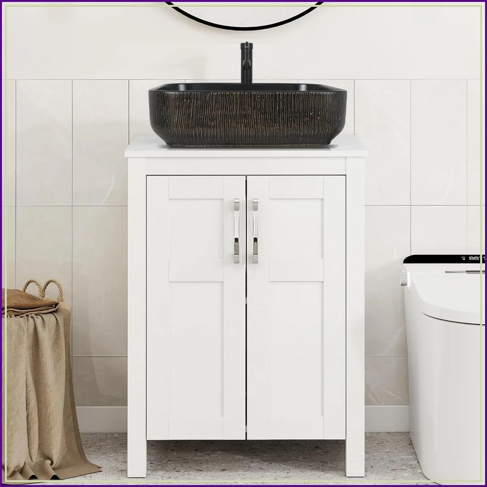 24 inch White Bathroom Vanity with Vessel Sink, Black Gold Sink