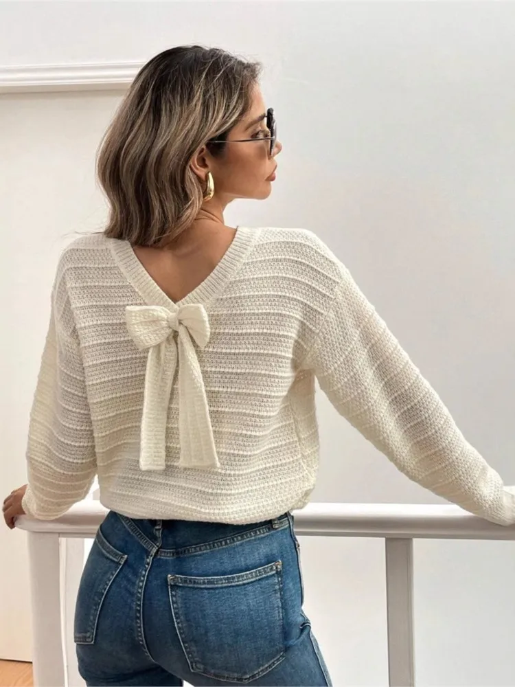 

Knitted Pullover Fashion Bowknot Solid Color Simple Style All-match Sweater Winter Clothes Woman Pulls Femmes Casual Commuting