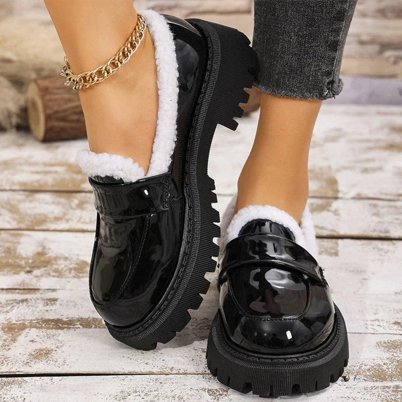 

Утепленные короткие плюшевые лоферы, женские зимние теплые туфли без шнуровки из искусственной кожи, женские хлопковые туфли на платформе больших размеров