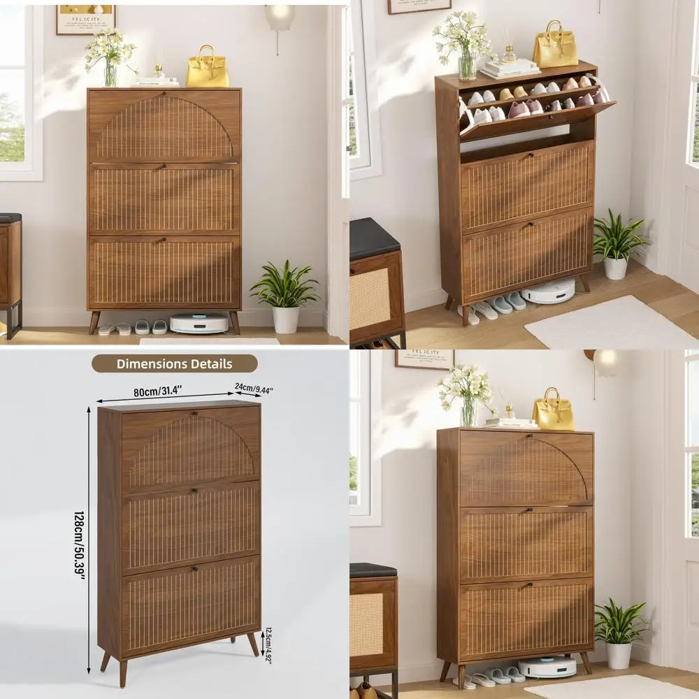 خزانة تخزين الأحذية الخشبية قائمة بذاتها مع 3 أدراج للمدخل وتصميم اللوحة المخددة