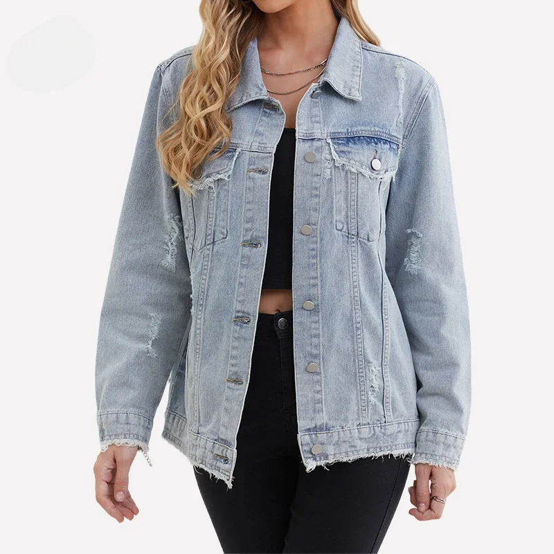 Ladies Denim Jacket Loose Large Size Medium and Long Rough Edge Fashion Denim Top for Women