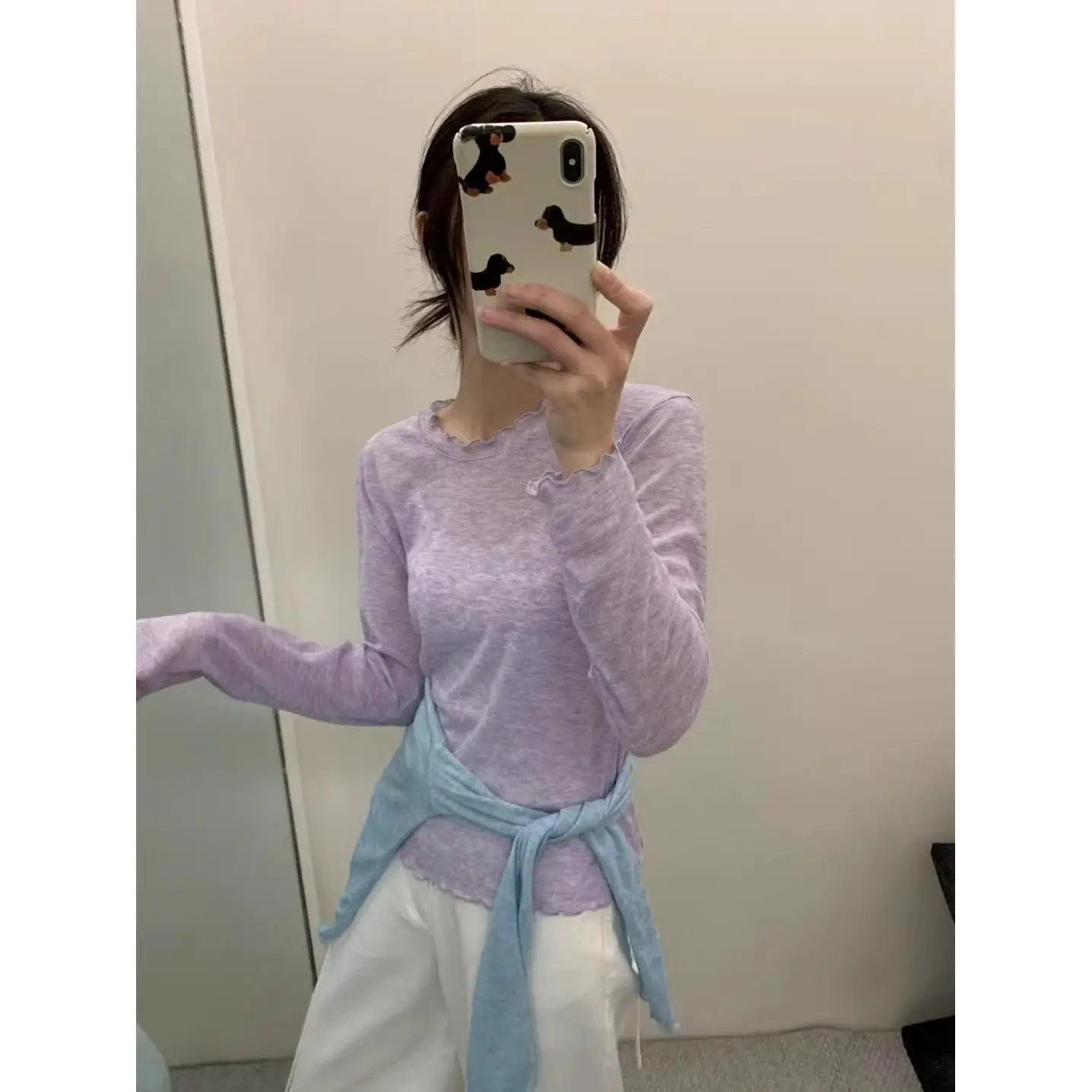 Korean Style Sweet Versatile Long Sleeve T-Shirt Women's Spring Summer Thin Slimming Sun Protection Base Shirt Top