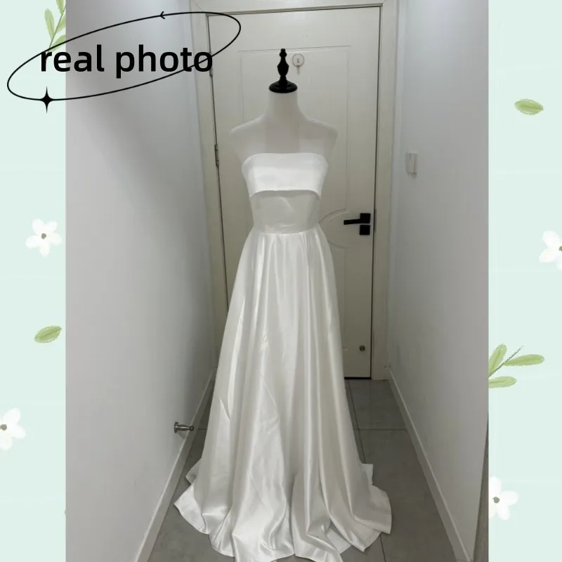 New Satin A Line Wedding Dresses For Women Sexy Strapless Elegant Long Bridal Dress Simple Vestidos De Novia Customized