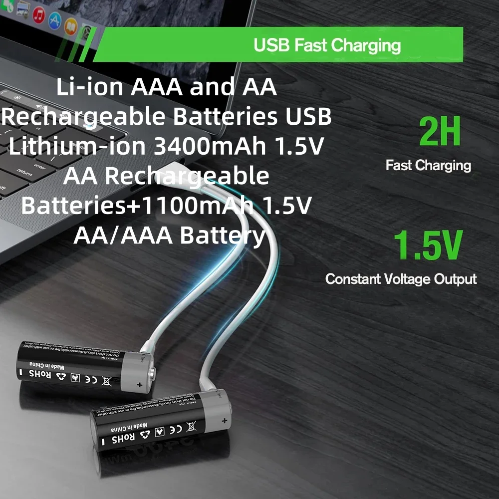

Li-ion AAA and AA Rechargeable Batteries USB Lithium-ion 3400mAh 1.5V AA Rechargeable Batteries+1100mAh 1.5V AA/AAA Battery