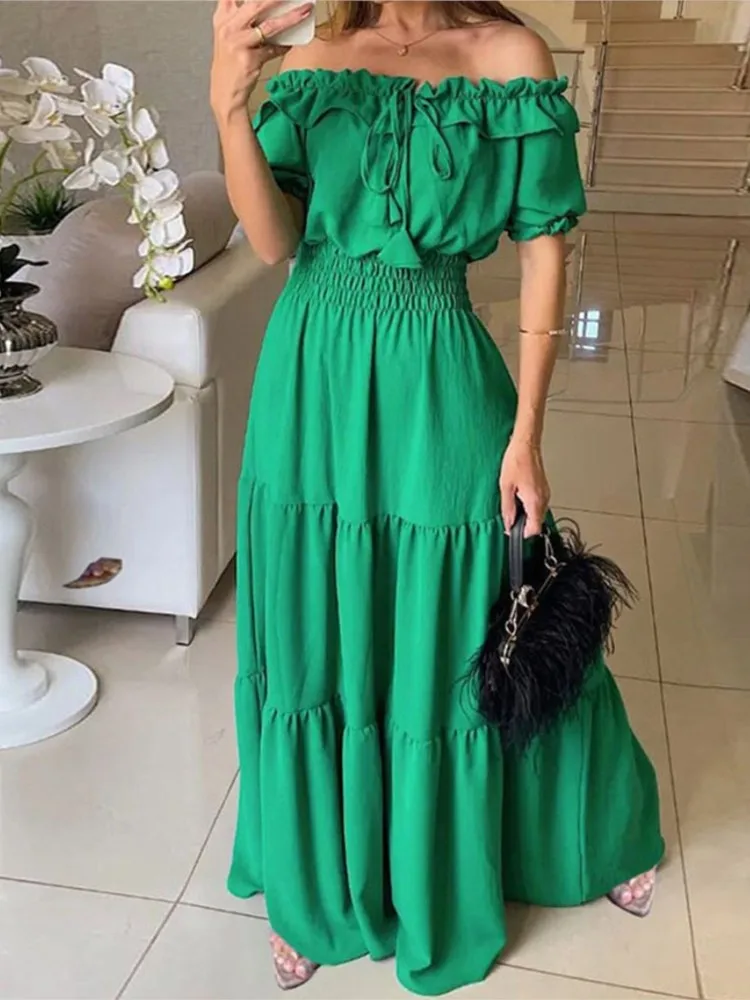 Women Fashion Lace-up Ruffle One-piece Collar Maxi Dresses 2025 Summer New Boho Holiday Dress Female Commuter Casual Party Dress