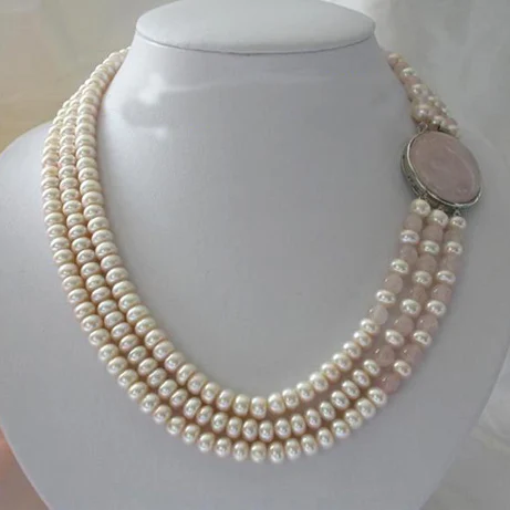 Favorite Pearl Necklace,Stunning 3Rows 7-8mm Round White Freshwater Pearl Pink Rose Quartz Necklace,Charming Women Gift