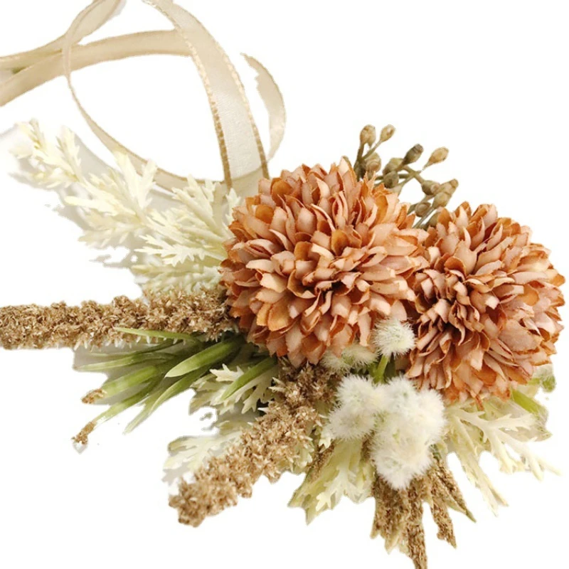 Fleurs de poignet uniques, corsage et boutonnières de mariage faits à la main, broche, fleur artificielle, pour mariée et marié, pour demoiselle d'honneur