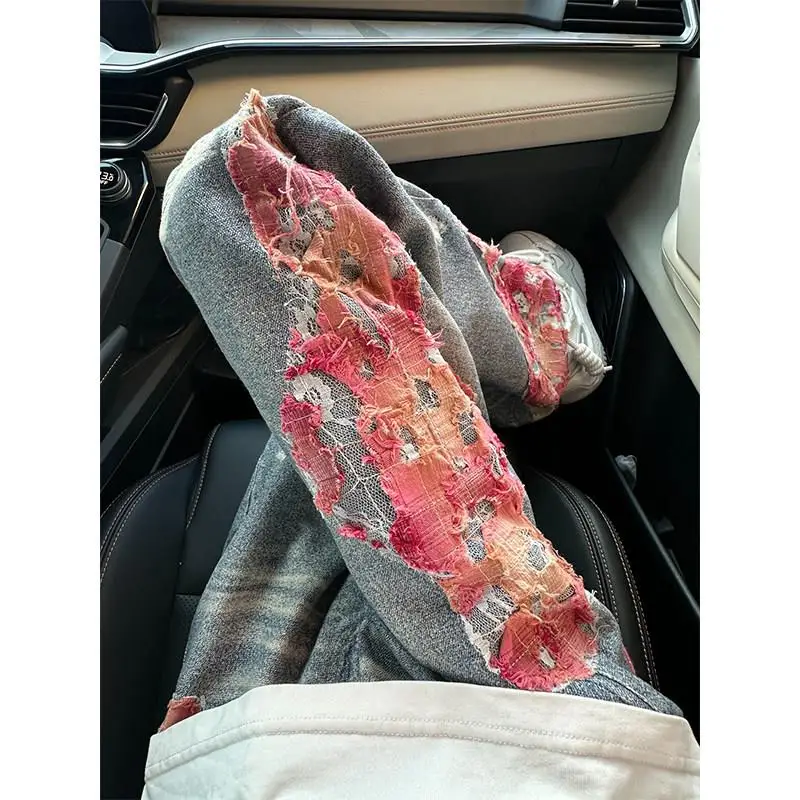 

Flame Lace Embroidery Denim Jeans Men Women Autumn Winter High Street Hip Hop Floral Straight Leg Hole Jeans Cotton Polyester