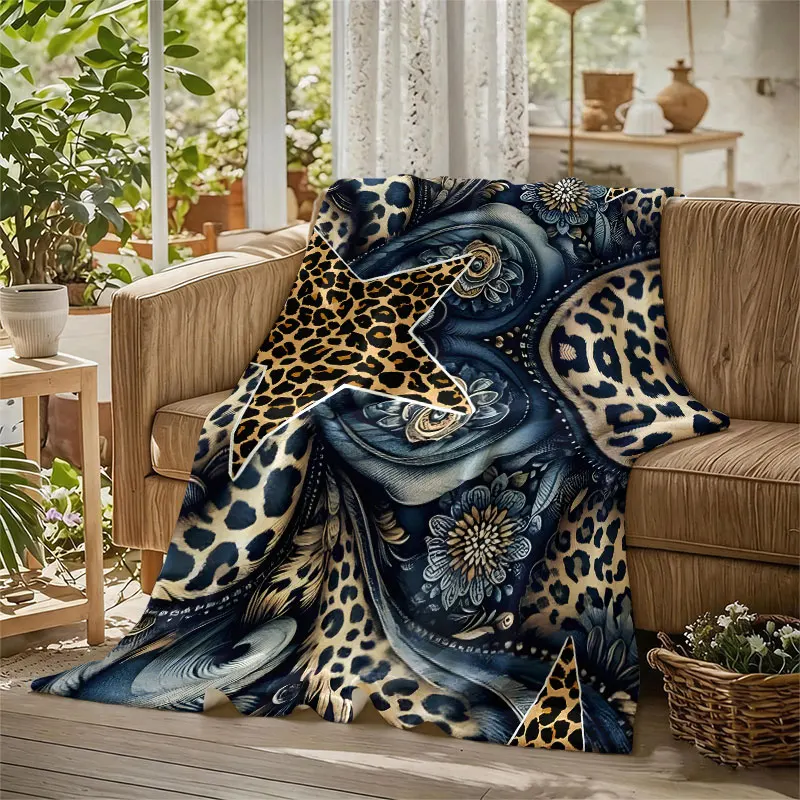 Leopard Stars Baroque Blue Flannel Blanket Perfect for Sofa Office Bed Travel Sleep Read Relax Camping Four Season Use