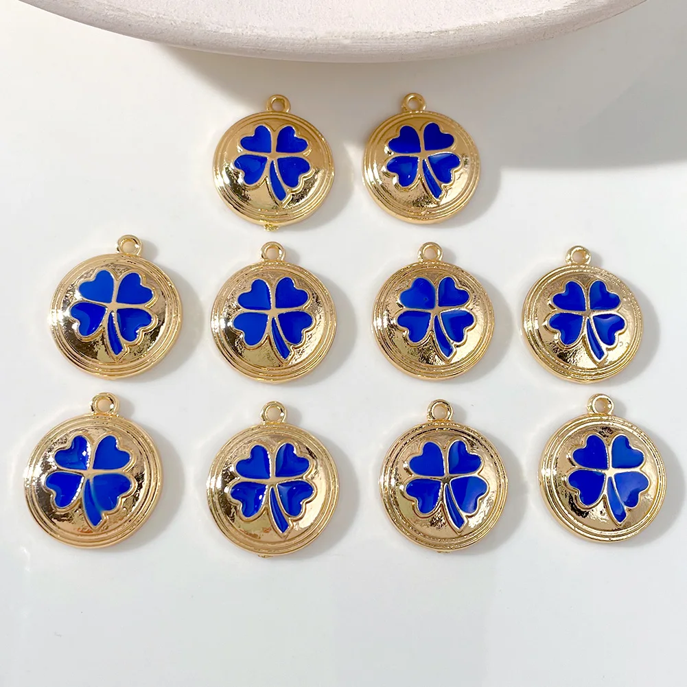 10Pcs 19*18mm Enamel Lucky Four-leaf Coin Charms For DIY Making Earring Necklace Geometric Golden Round Charm DIY Jewelry Making