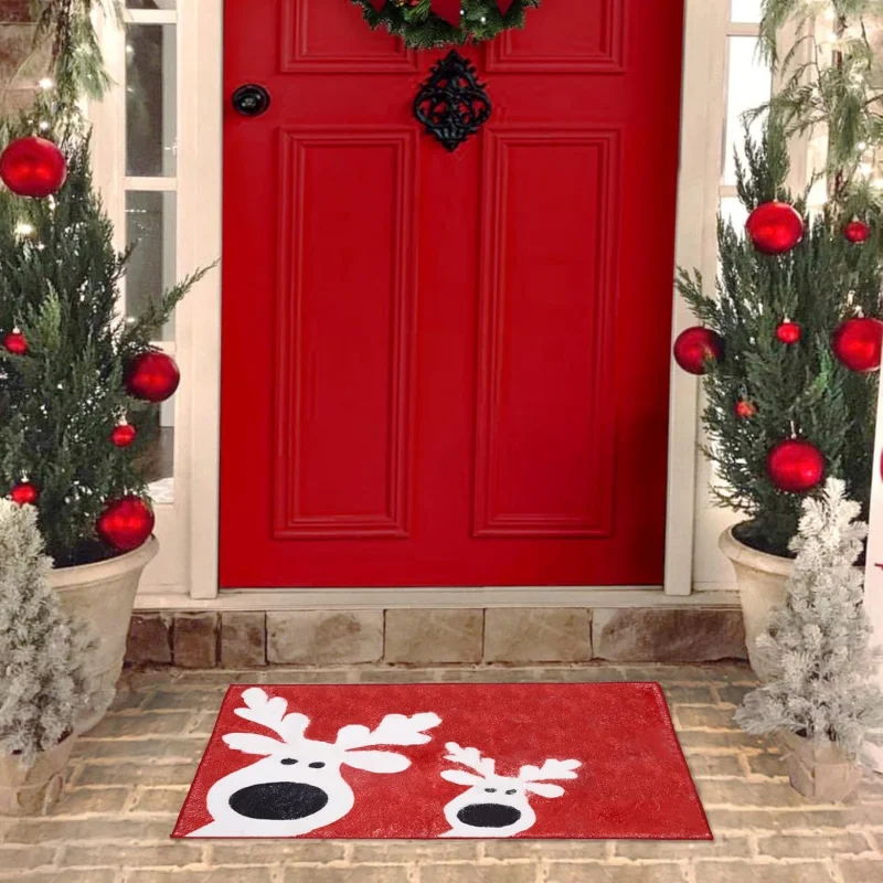 Christmas Cute Reindeer Decorative Rug Outdoor Rug, Low Profile Floor Bath Mat Welcome Mat, Front Doormat Non Slip Mats