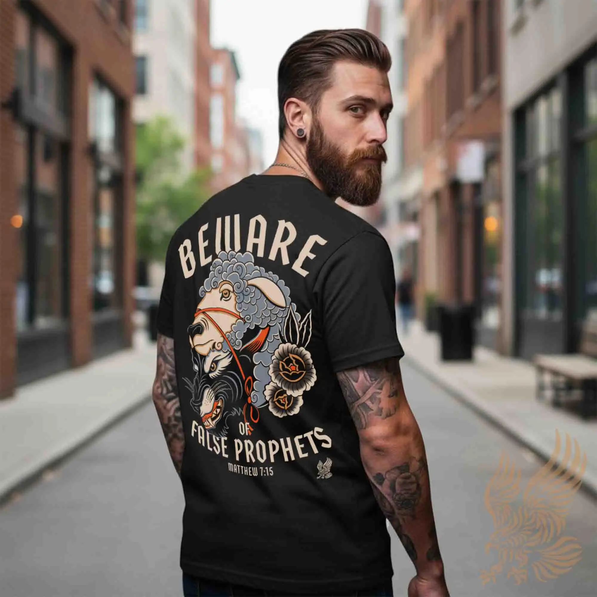 Wolf in Sheep False Prophets Bible Verse Back Print Tshirt Christian Vintage Tattoo Graphic Men Cotton Tee