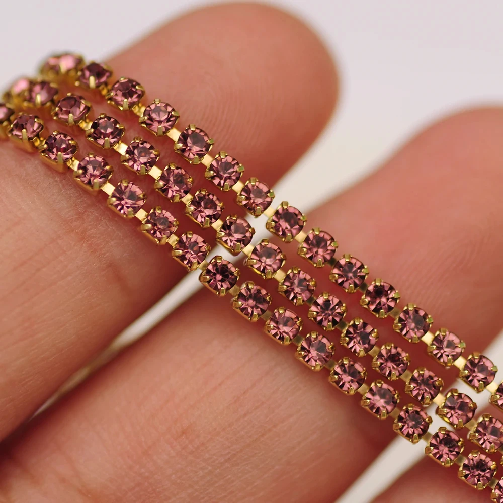 10m Goldboden Glitzer-Glas-Kristall-Strass-Kette zum Aufnähen für DIY-Schmuck, Näharbeiten und Bekleidungszubehör – Detail 3