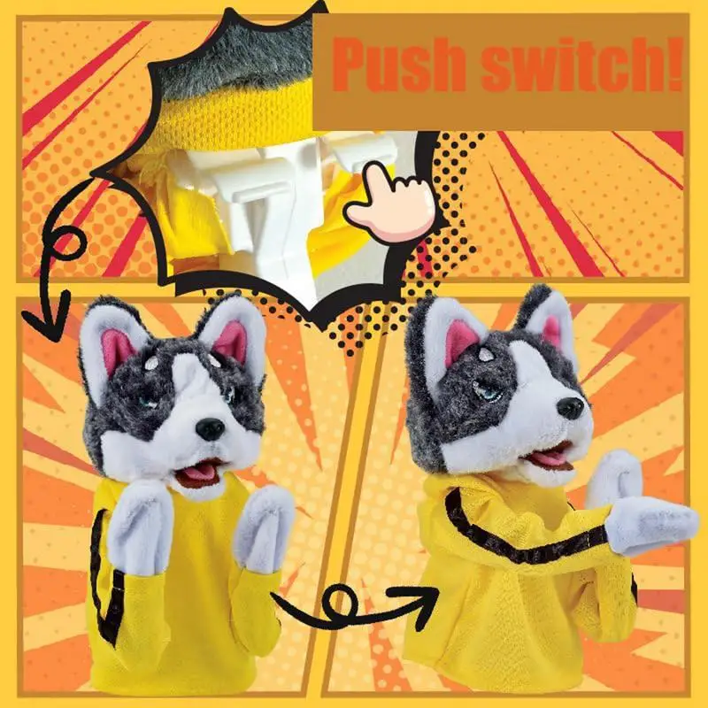 Marioneta de mano con sonido eléctrico para niños, juguete de peluche para perros, boxeo, Husky, muñeca interactiva Tricky, juguete relajante para niños, títere de mano para regalo