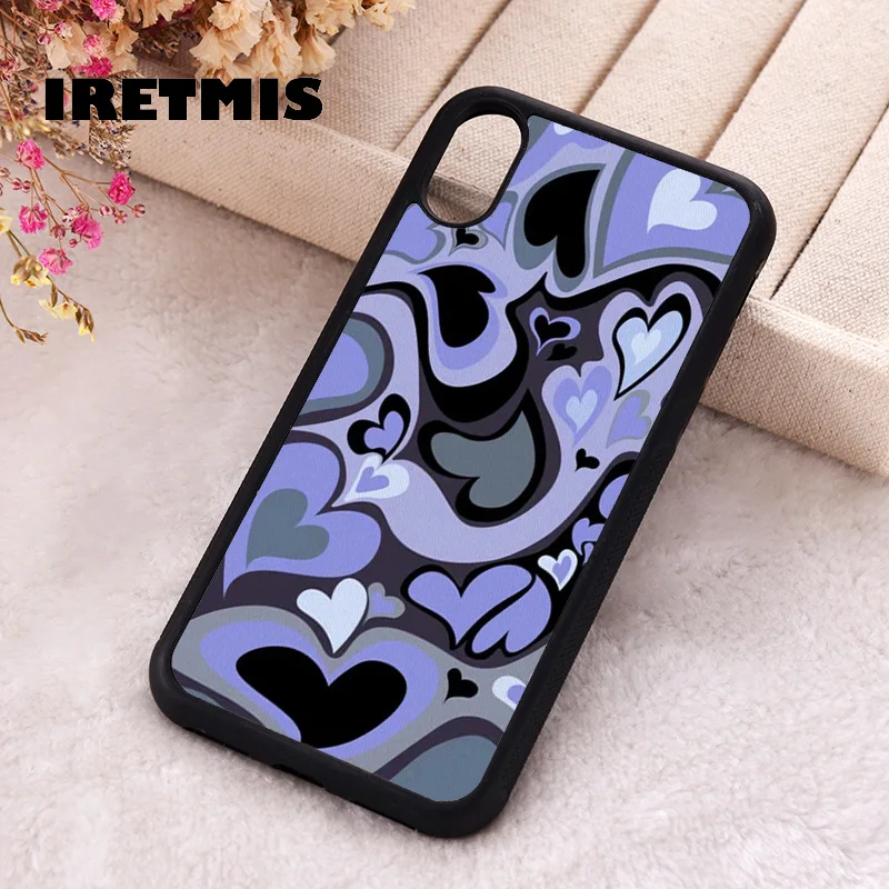 Iretmis Phone Cover Case For iPhone X XS Max XR 11 12 13 PRO MINI 14 15 16 Plus Rubber Silicone Purple Heart Swirl Pattern