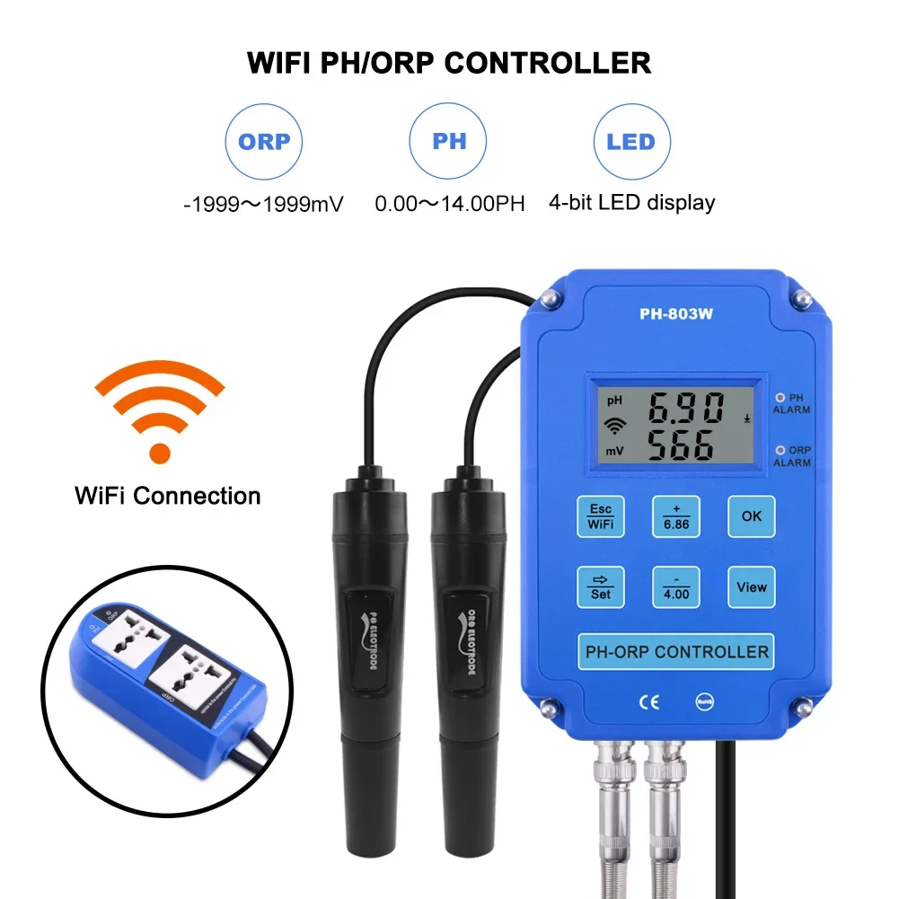 New PH ORP Redox Controller wifi Output Power Relay monnitor for Aquarium Hydroponics Plant Pool Spa BNC Replaceable probe