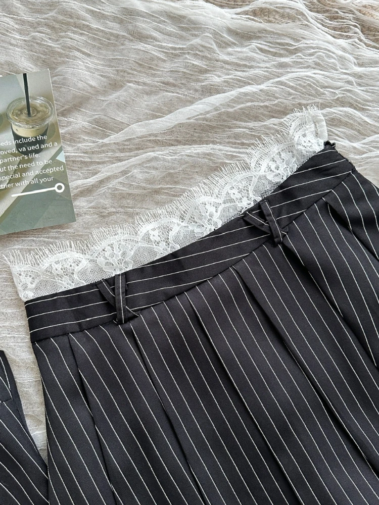 Y2k 2000s Vintage Aesthetic Black Striped Pleated 2 Piece Set Striped Lace Vest  + Hot Mini Pleated Skirt Korean Fashion Outfits