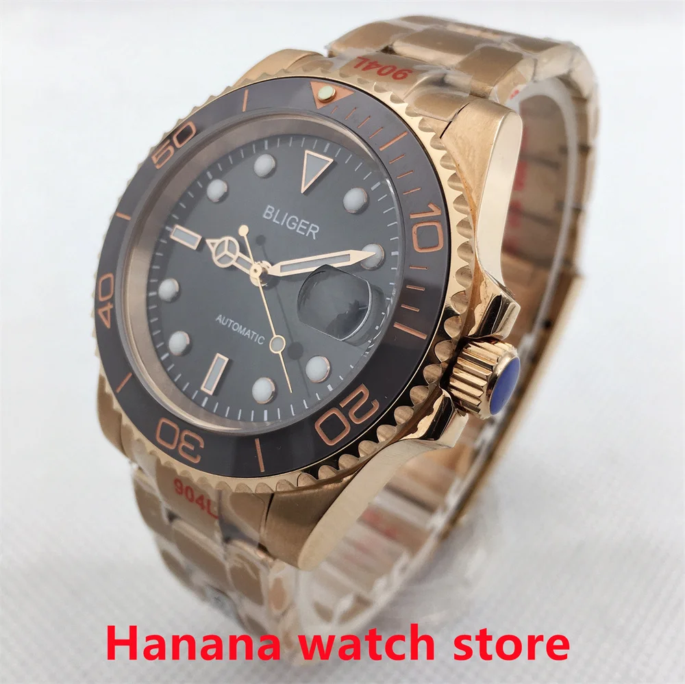 Bliger นาฬิกาผู้ชายกลเทา40มม., นาฬิกาแซฟไฟร์แก้วคู่วันที่24อัญมณีเคลื่อนไหว NH35A ทองคำสีกุหลาบเซรามิก