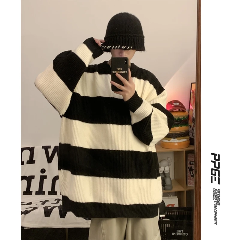 2023 Striped sweaters, lazy men's knitwear, autumn and winter new outerwear, trendy brand, high-end thread clothing men pullover