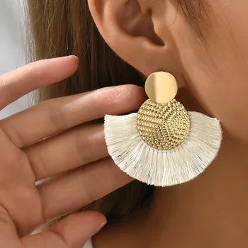 Fashion Bohemian Big Tassel Dangle White Fringe Female Earrings Drop Earrings for Women…