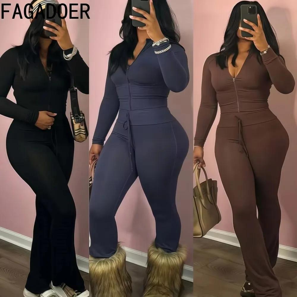 FAGADOER Spring New Casual 2-częściowe zestawy damskie Outfit Zip Long Sleeves Crop Top + Drawstring Skiny Pants Suit Odzież damska Nowy